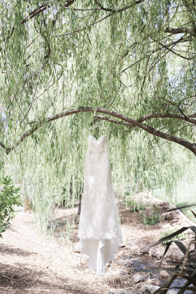 vintage lace wedding dress hanging in willow tree