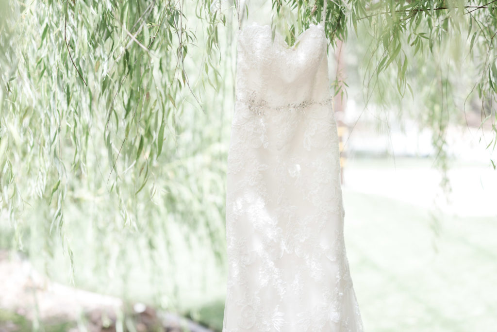 vintage lace wedding dress hanging from willow tree