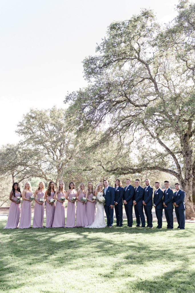 wedding party portrait under the oak trees