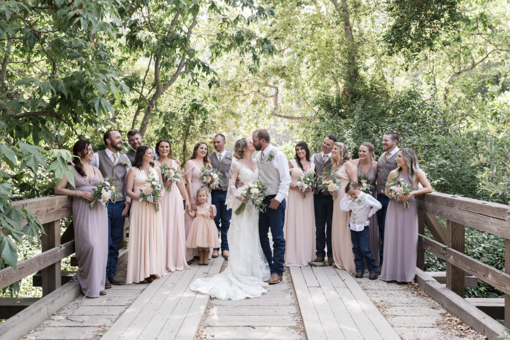 bride and groom with wedding party on rustic garden bridge