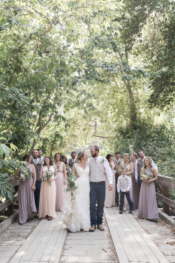 bride and groom and wedding party on rustic bridge