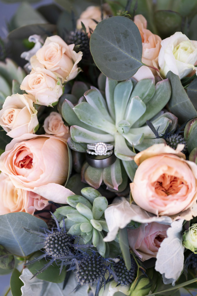 wedding rings in bridal bouquet photographed by San Luis Obispo wedding photographer Kirsten Bullard