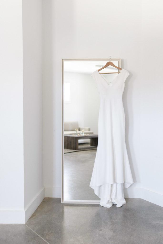 BHLDN wedding gown in bridal suite at San Luis Obispo wedding venue the Octagon Barn by Kirsten Bullard Photography
